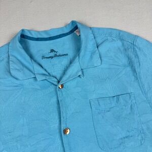 Tommy Bahama Mens XL Embroidered Silk Tropical Leaf Jacquard Camp Shirt Blue